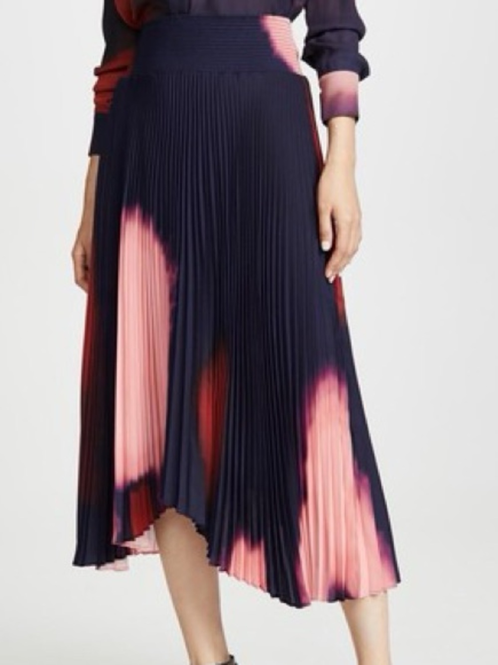 A.L.C. Navy Pleated Skirt with Pink and Red Watercolor Panels